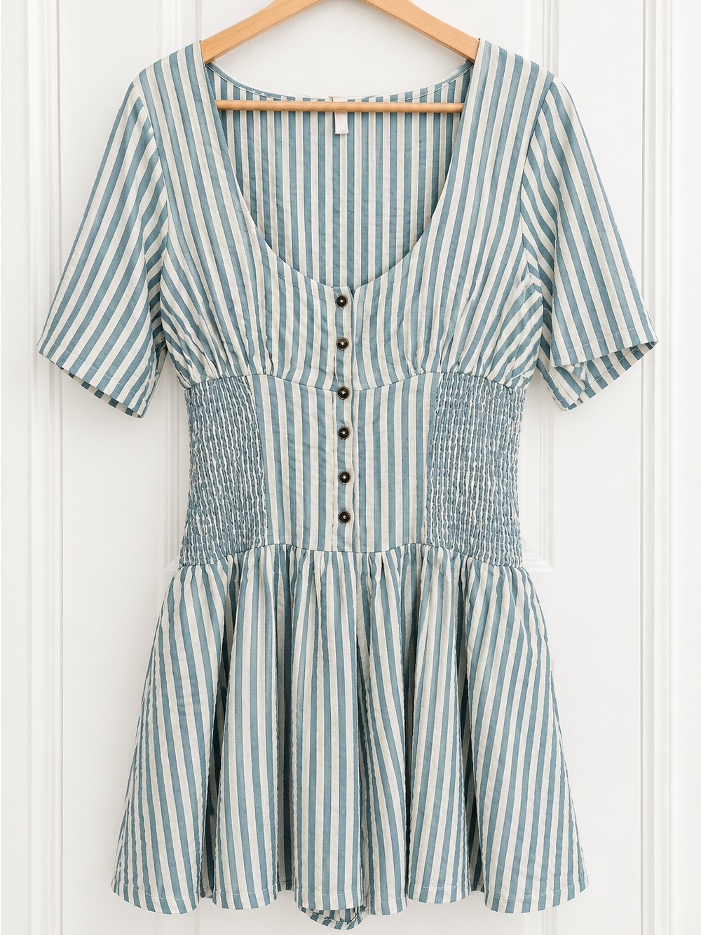 Striped Button-Front Romper in Blue and Cream